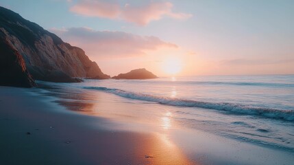 Fototapeta premium Serene Seaside Haven at Sunrise with Gentle Waves and Soft Light