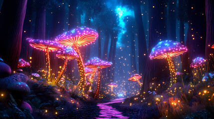 Obraz premium Enchanting neon glowing mushrooms in mystical forest at night. Mystical Neon Landscapes. Illustration