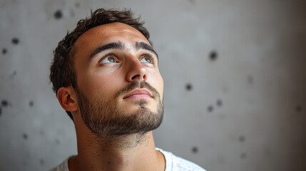 Thoughtful Young Man Gazing Upwards Against a Subtle Textured Wall
