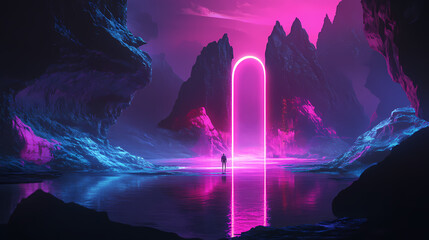 Fantasy landscape surreal dark mystical sci-fi adventure cave archway neon lights reflection exploration character otherworldly atmospheric dreamlike. Mystical Neon Landscapes. Illustration