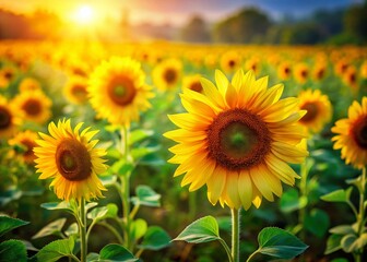 Obraz premium Miniature Vibrant Yellow Sunflowers Blooming in Lush Green Field - Tilt-Shift Photography