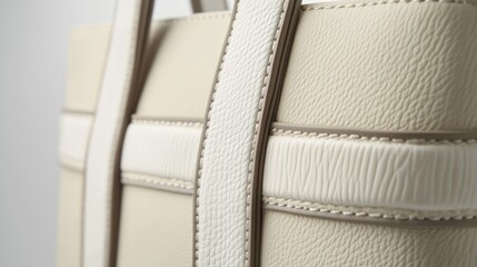 Close up of Cream Leather Handbag with Striped Straps on White Background