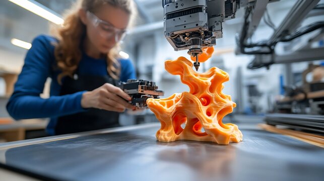 Woman operating 3D printer, creating orange object.