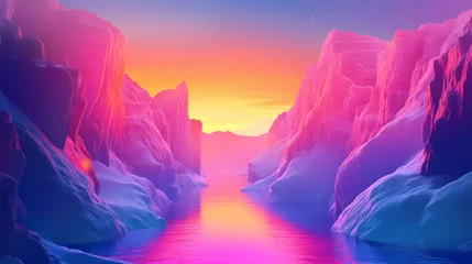 Selbstklebende Fototapeten Glowing canyon with neon edges under vibrant sunset sky creates surreal landscape. Mystical Neon Landscapes. Illustration © Thiago