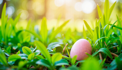 Fototapeta premium Easter egg hidden in green grass. Egg Hunt.