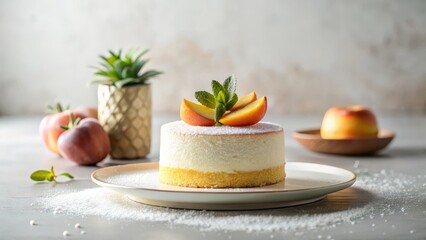 Delicate souffle cake adorned with peach slices and mint, presented on a plate with powdered sugar, accompanied by fruit