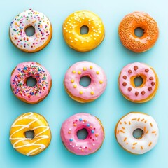 Colorful assortment of donuts on a blue background, perfect for dessert cravings