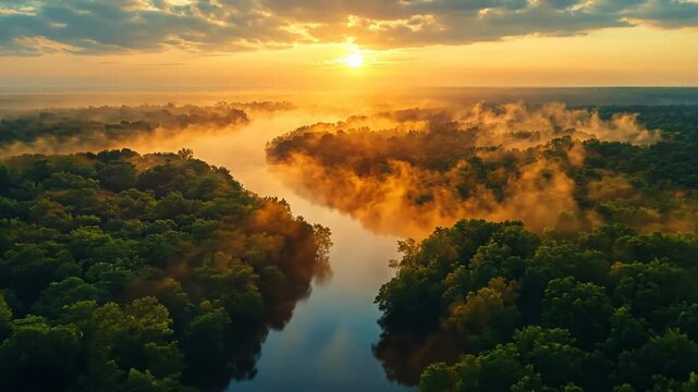 Golden Hour Over River: An aerial vista captures a winding river cutting through a dense forest at sunset, with the sun casting a warm, ethereal glow over the misty landscape.