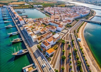 Obraz premium Minimalist Aerial Drone Shot: Olhão, Portugal - Railway & Docks