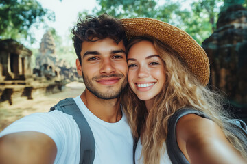 Fototapeta premium Romantic Couple's Adventurous Travel: Exploring Ancient Ruins and Creating Unforgettable Memories Together