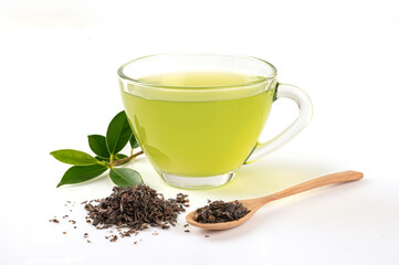 Cup of green tea with dry tea in spoon and leaves on white background.
