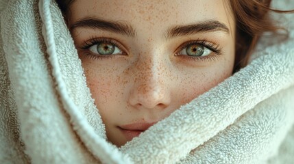Close-Up of Young Woman with Green Eyes Wrapped in Soft Blanket