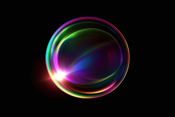 Vibrant rainbow lens flare with radial gradient on dark background, creating mesmerizing visual effect. colorful orb radiates light and energy, captivating viewer