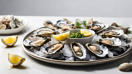 A close-up shot of plump oysters, glistening with natural juices, nestled in their shells, inviting the viewer to savor their briny freshness.