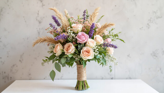 Floral bouquet with pink and purple roses against a neutral background