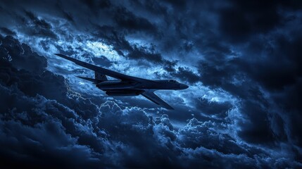Striking Stealth Aircraft Flying Through Dark Stormy Clouds