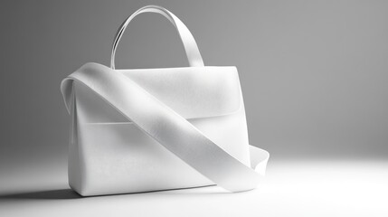 Elegant white handbag with shoulder strap, simple design, studio shot.