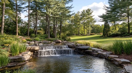 Serene Waterfall Cascades Through Lush Green Landscape