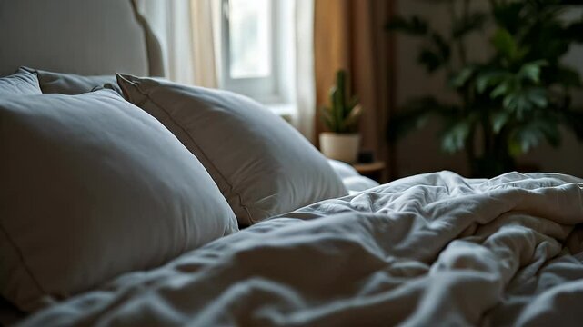 A picture of a neatly made bed with cream linen bedding, soft light streaming in from a window, and a plant visible in the background. Evokes calmness.