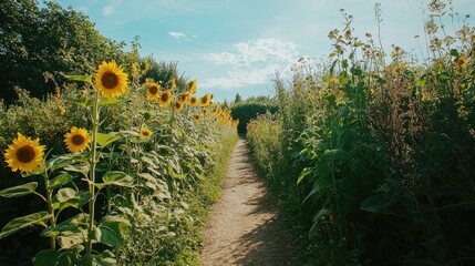 Sunlit Garden Path Lined with Tall Sunflowers and Greenery