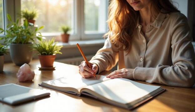 Woman journaling in a sunlit room surrounded by plants for stress relief
