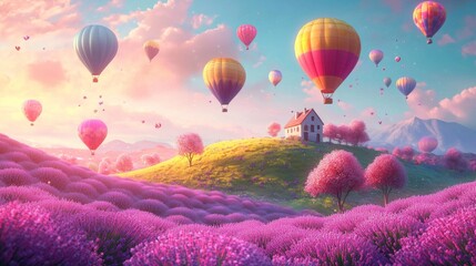 Fototapeta premium Brightly colored hot air balloons serenely float through a stunning sky, casting shadows over vibrant lavender fields, while a quaint house stands in the background under a beautiful sunset