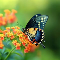 Fototapeta premium Colorful butterfly perched on vibrant flowers in a lush garden setting