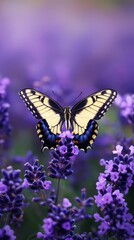 Colorful butterfly resting on vibrant lavender flowers in a serene garden setting