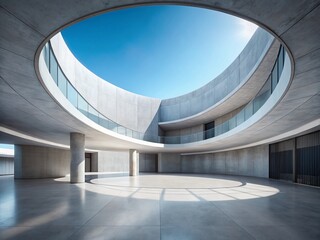 Fototapeta premium Minimalist Concrete Architecture: Empty Museum Plaza with Curved Walls and White Podium
