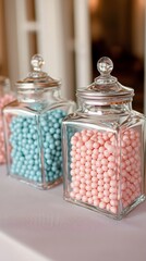 Colorful candy jars filled with pink and blue beads on a decorative table