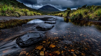 Obraz premium Stepping stones cross a shallow stream leading towards a distant mountain under a dramatic cloudy sky.