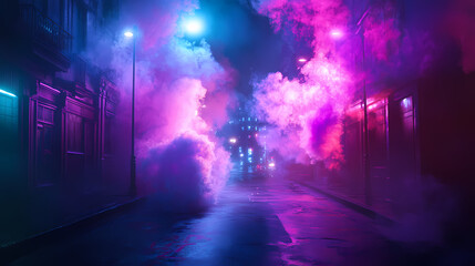 Naklejka premium Mystic multi colored smoke moving over wet asphalt. city street with an atmosphere of horror at night. Mystical Neon Landscapes. Illustration