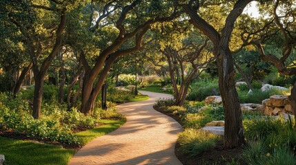 Obraz premium Serene Garden Path Flanked by Mature Trees in a Tranquil Setting