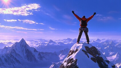 Climber Conquers Mountain Peak Triumphantly under a Vivid Sunrise Sky, Achieving Ultimate Goal with Perseverance and Skill.