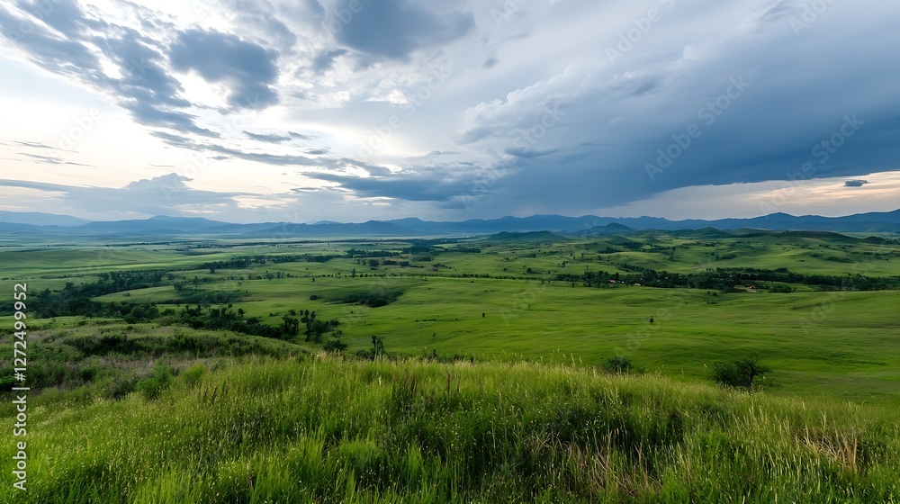 Poster wide angle view of expansive green hills under dramatic clouds : generative ai