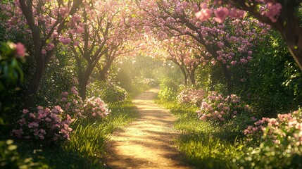 Fototapeta premium Tranquil Path Through a Flourishing Garden Under a Blooming Canopy