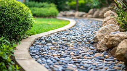 Tranquil Garden Path with Gentle Stream and Smooth Pebbles