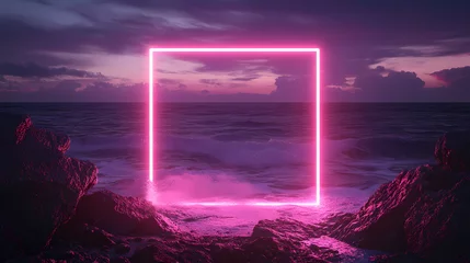 Gardinen Pink neon square frame on rocky shore at night. Mystical Neon Landscapes. Illustration © Thiago