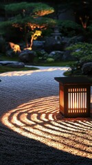 Serene Zen Garden at Night with Soft Lantern Glow and Stone Path