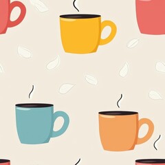Obraz premium Seamless minimal illustration of drink. A colorful pattern of coffee cups with steam on a light background, featuring shades of red, blue, yellow, and orange, surrounded by white leaf-like shapes.