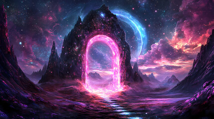 Stunning neon gateway leading to a cosmic universe with a surreal landscape illuminated by vibrant lights, neon, gateway. Mystical Neon Landscapes. Illustration