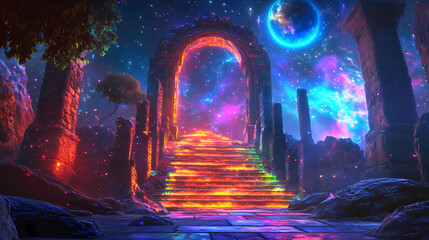 Obraz premium Stunning neon gateway leading to a cosmic universe with a surreal landscape illuminated by vibrant lights, neon, gateway. Mystical Neon Landscapes. Illustration