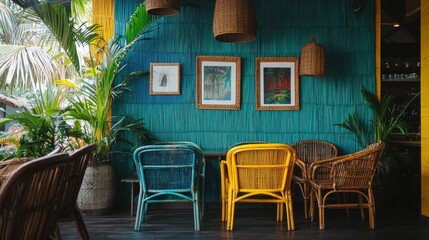 Fototapeta premium Tropical Interior Design with Bamboo Panels and Vibrant Chair Colors