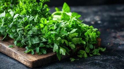 Fresh and Vibrant Parsley Leaves Displayed on Dark Rustic Surface