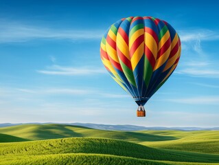 Fototapeta premium Colorful hot air balloon over rolling green hills