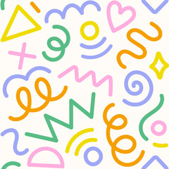 Memphis fun geometric seamless pattern. Cool abstract background, retro 80s, 90s style with basic shapes: star, triangle, circle, semicircle, heart, zigzag, spiral, wavy lines. Cute kid doodle design.