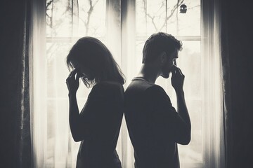 A young couple stands by a window, their backs to each other, conveying a sense of sadness and distance in a monochrome image.