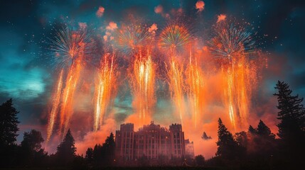 Obraz premium Fireworks explode over castle, night sky, celebration