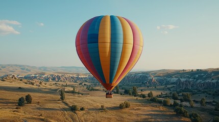 Fototapeta premium Colorful hot air balloon soaring over a serene landscape at sunset