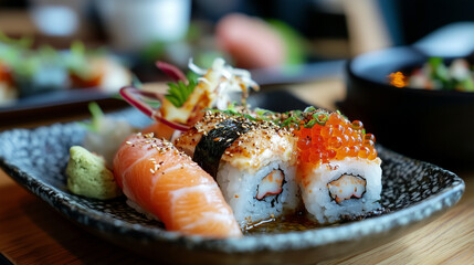 高級寿司の盛り合わせ サーモン、炙り寿司、いくらのロール